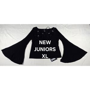 NEW JUNIORS XL OFF SHOULDER TRUMPET SLEEVE SWEATER WITH CRYSTAL ADORNED FLORAL